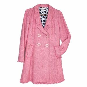 CAbi Pink Boucle Tweed Double Breasted Fringe Trim   Parisian Chic Career Coat